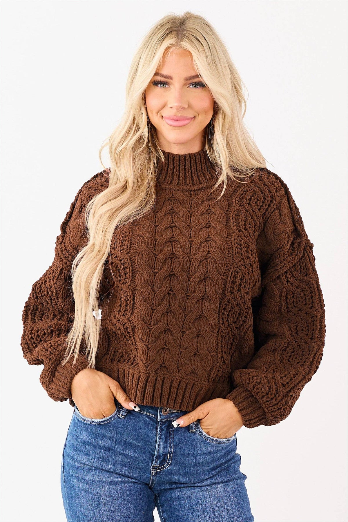 Women's Cable Knit High Neck Sweater - Coffee