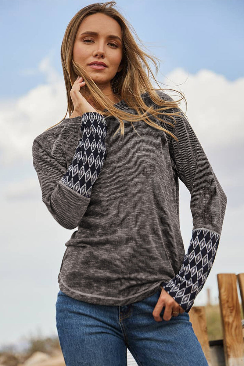 Women's Gray Aztec Patchwork Ribbed Long Sleeve Top