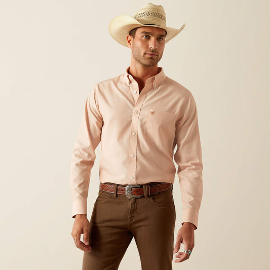 Men's Ariat Wrinkle Free Solid Fitted Shirt - Light Peach