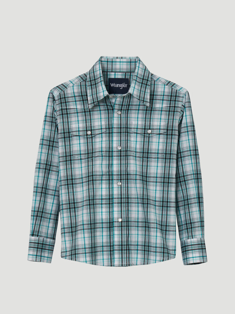 Boy's Wrangler Wrinkle Resist Turquoise/White/Black Plaid Western Snap Shirt