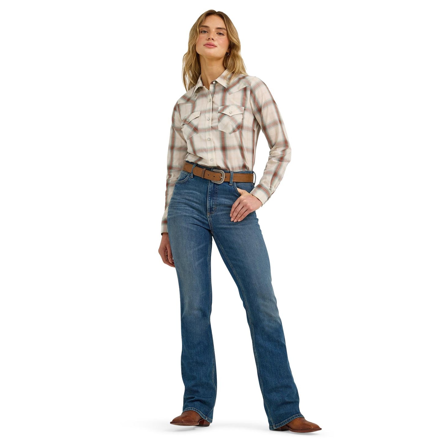 Women's Wrangler Western Snap Shirt - Cream Plaid