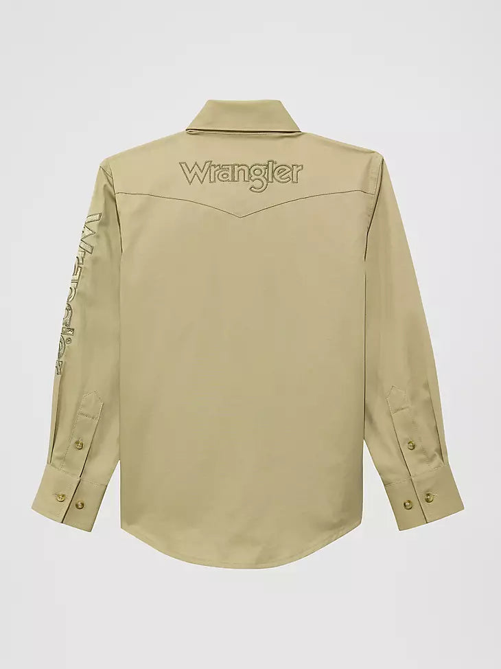 Boy's Wrangler Logo Long Sleeve Western Snap Shirt - Khaki