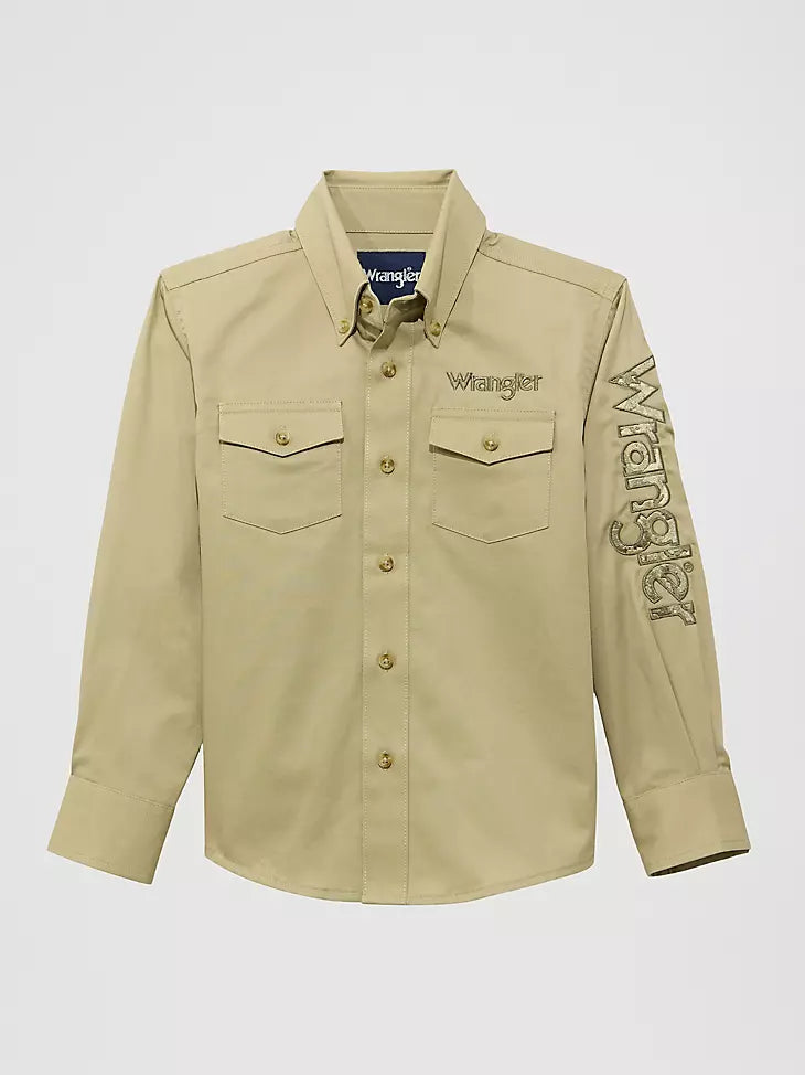 Boy's Wrangler Logo Long Sleeve Western Snap Shirt - Khaki