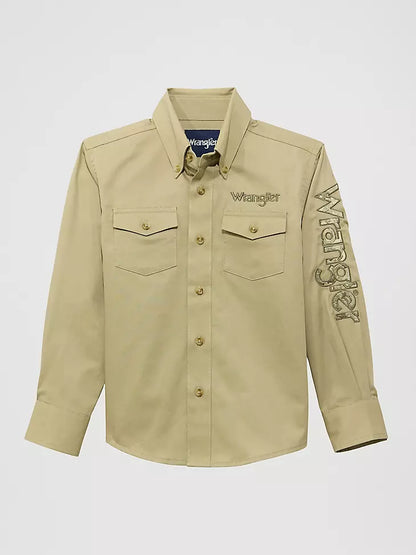Boy's Wrangler Logo Long Sleeve Western Snap Shirt - Khaki