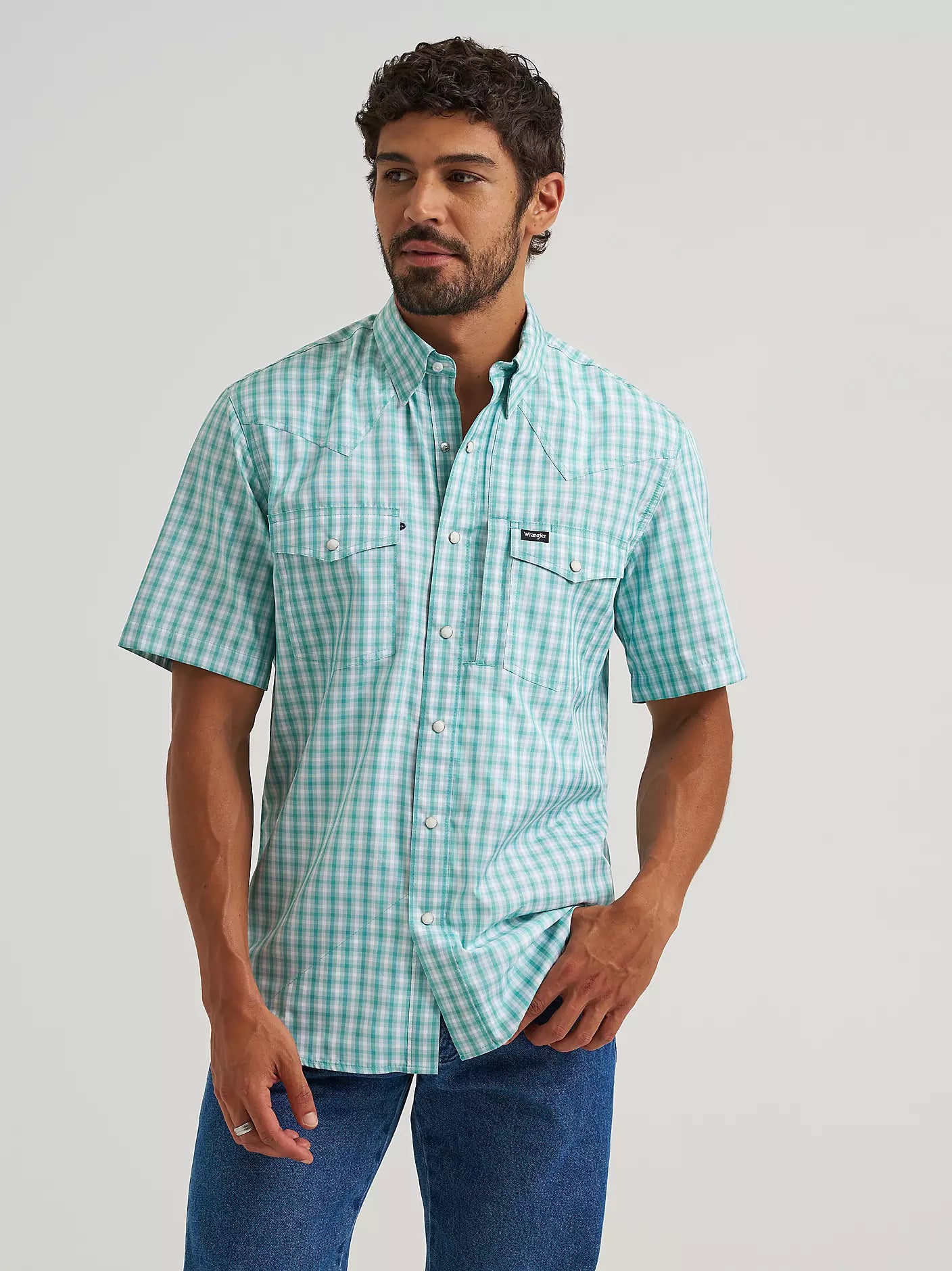 Men's Wrangler All Terrain Gear Men's Plaid Performance Shirt - Turquoise Plaid