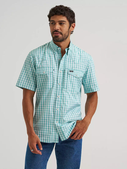 Men's Wrangler All Terrain Gear Men's Plaid Performance Shirt - Turquoise Plaid