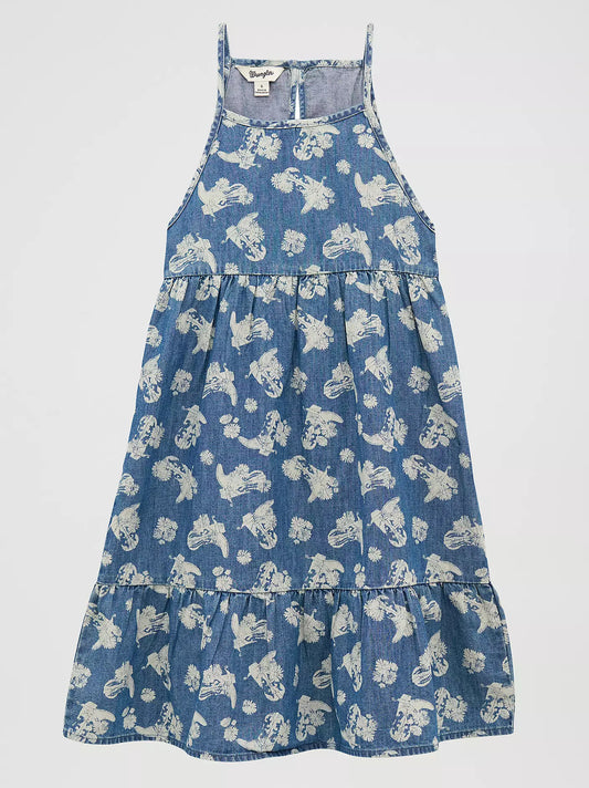 Girl's Wrangler Floral Boot Print Denim Dress