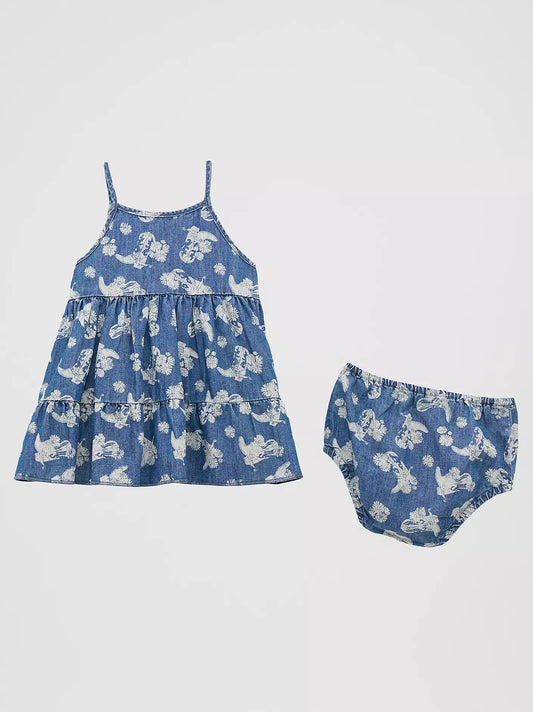 Girl's Wrangler Little Girl's Floral Boot Print Denim Tiered Dress