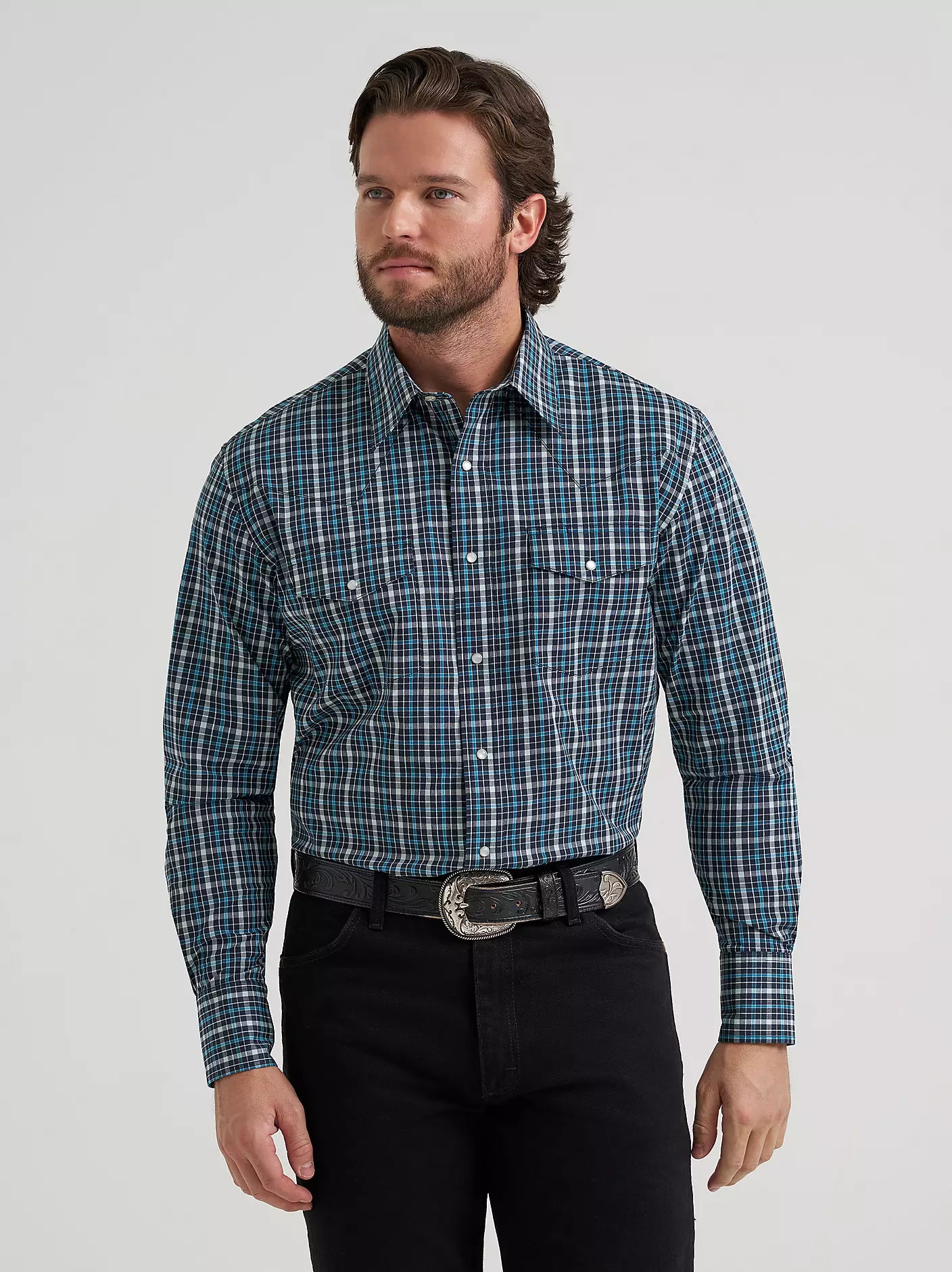 Men's Wrangler Wrinkle Resist Long Sleeve Western Snap Plaid Shirt
