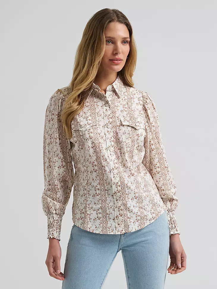 Women's Wrangler Smoked Sleeve Snap Blouse