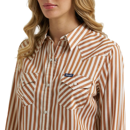 Women's Wrangler Retro Western Snap Striped Shirt - Brown