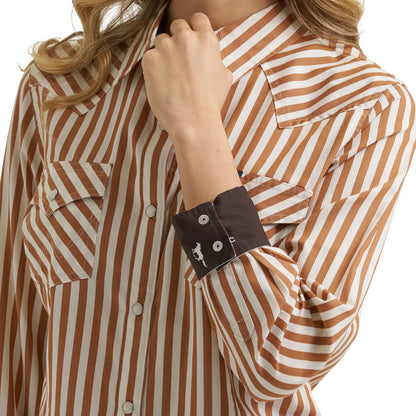 Women's Wrangler Retro Western Snap Striped Shirt - Brown
