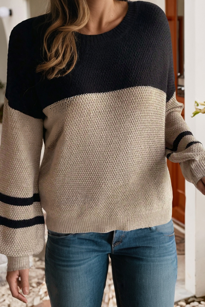 Women's Black and Tan Color Block Striped Knit Sweater