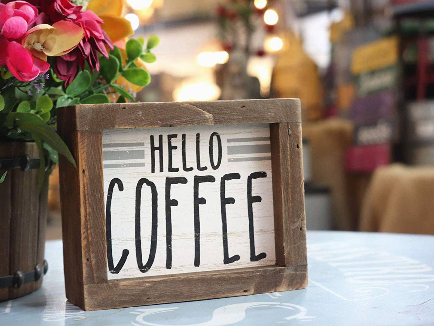 Hello Coffee Barn Wood Small Box Sign Kitchen Decor
