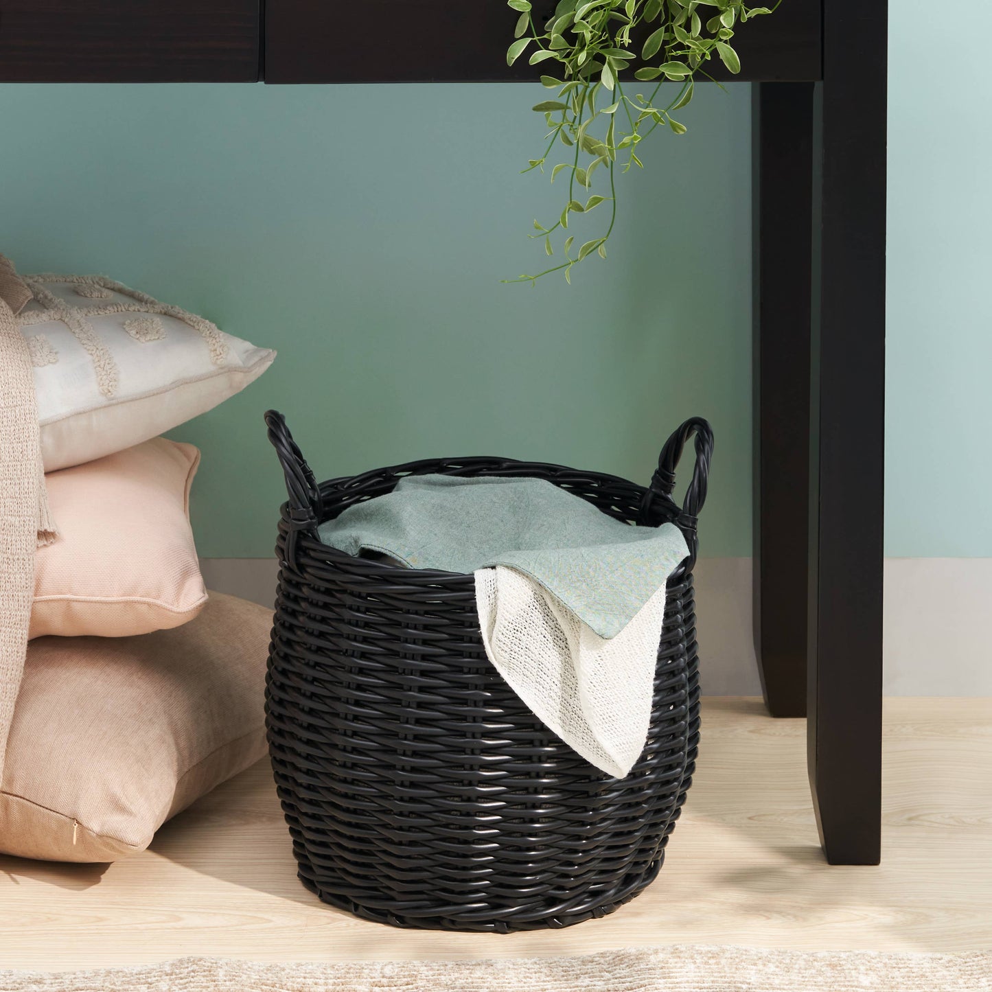 Lucius Round Resin Woven Wicker Basket with Handles