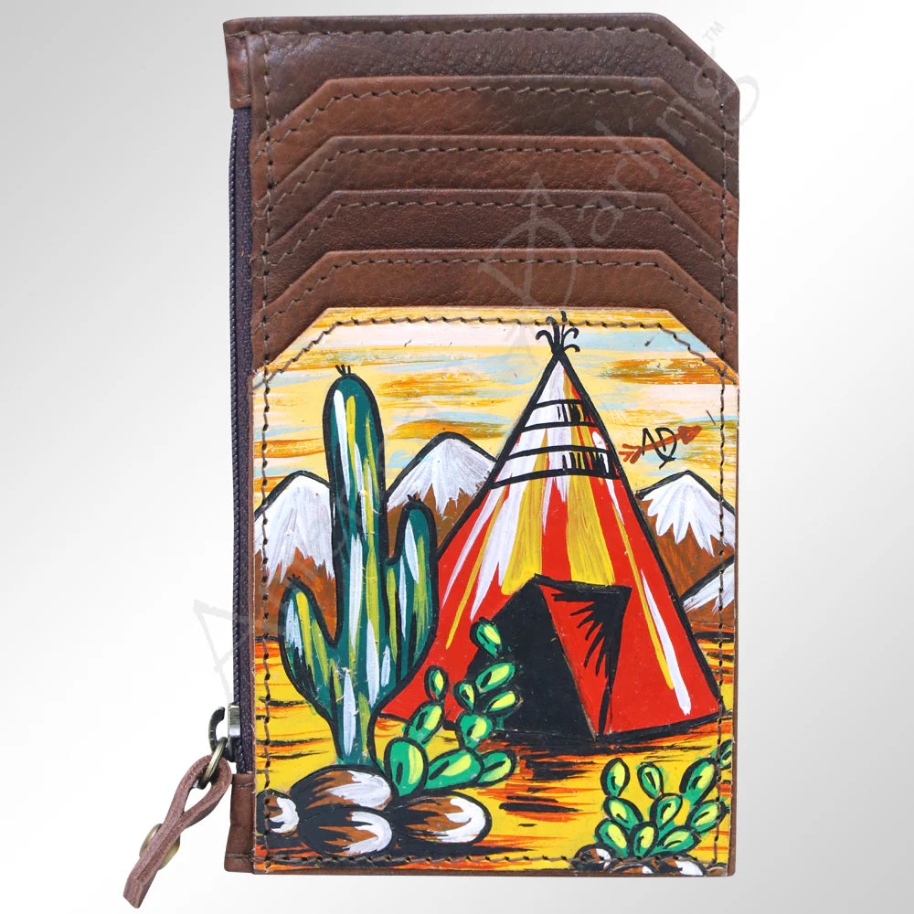 American Darling Hand-Painted Card Holder - Western Cowhide Leather Zip Wallet