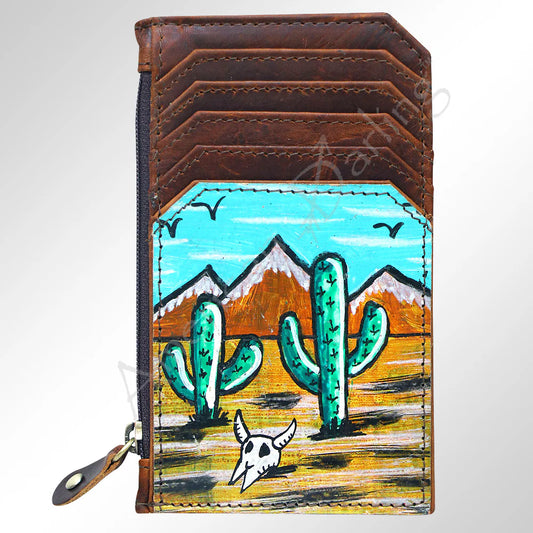 American Darling Hand-Painted Card Holder - Western Cowhide Leather Zip Wallet