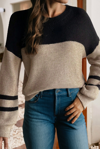 Women's Black and Tan Color Block Striped Knit Sweater