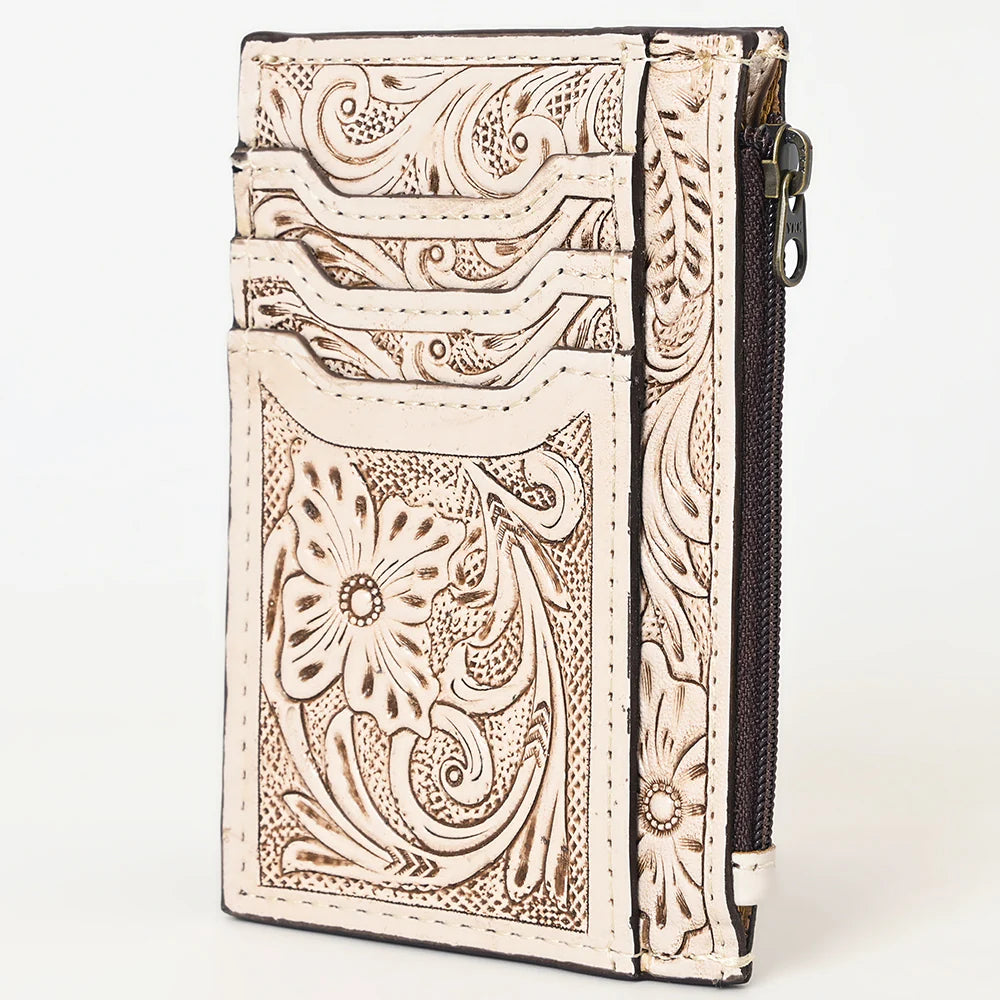 American Darling Tooled Leather Card Holder - Multi-Slot Western Zipper Wallet