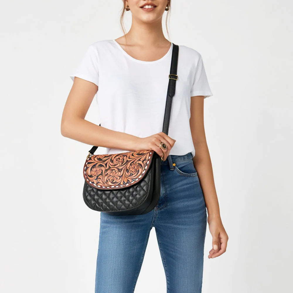 American Darling Tooled Leather Flap Quilted Black Crossbody Bag
