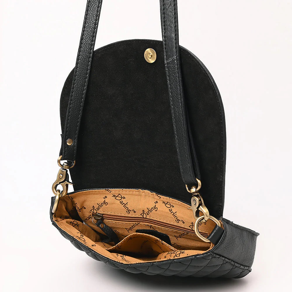 American Darling Tooled Leather Flap Quilted Black Crossbody Bag