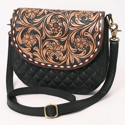 American Darling Tooled Leather Flap Quilted Black Crossbody Bag