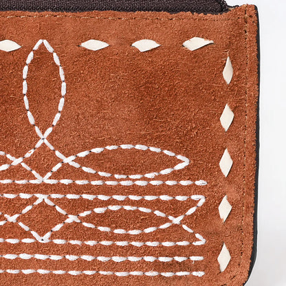 American Darling Tan Suede Card Holder with White Embroidery and Zip Closure