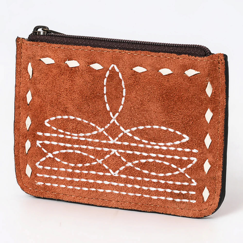 American Darling Tan Suede Card Holder with White Embroidery and Zip Closure