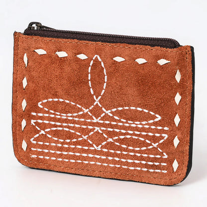 American Darling Tan Suede Card Holder with White Embroidery and Zip Closure