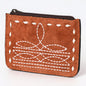 American Darling Tan Suede Card Holder with White Embroidery and Zip Closure