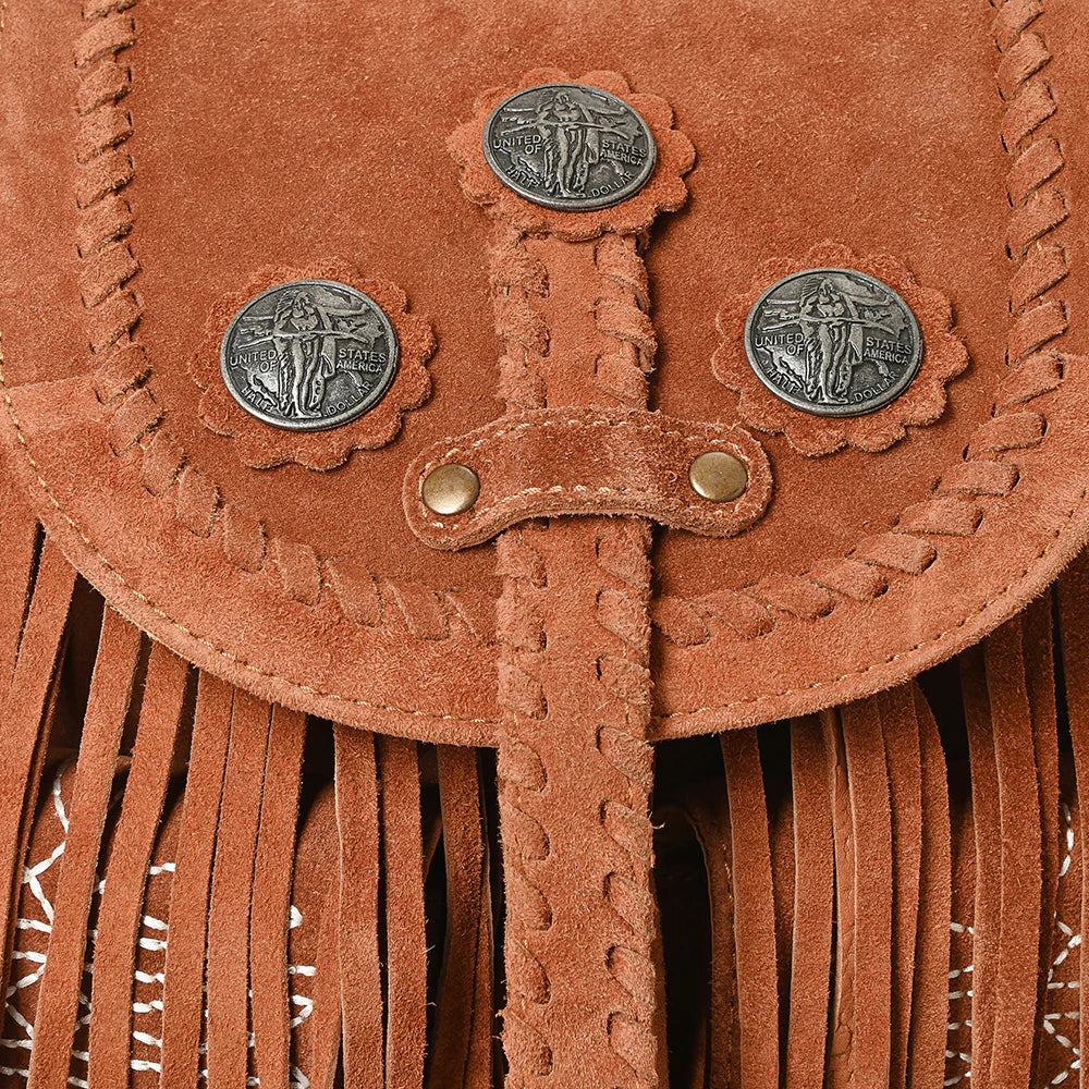 American Darling Brown Genuine Leather Fringe Backpack with Braided Flap & Western Conchos