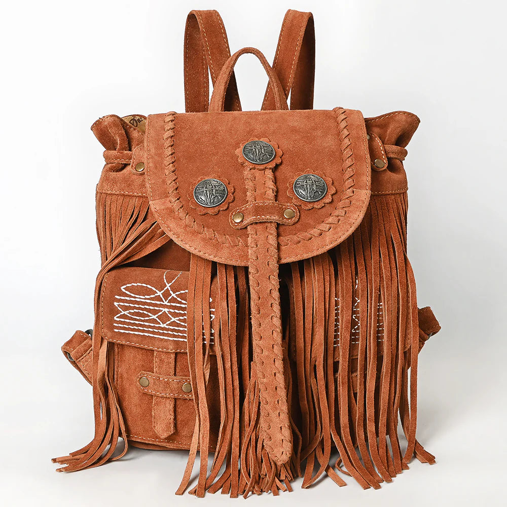 American Darling Brown Genuine Leather Fringe Backpack with Braided Flap & Western Conchos