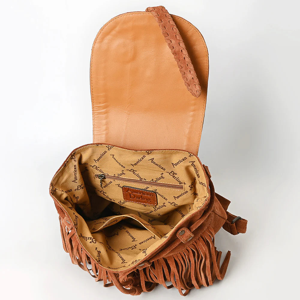 American Darling Brown Genuine Leather Fringe Backpack with Braided Flap & Western Conchos