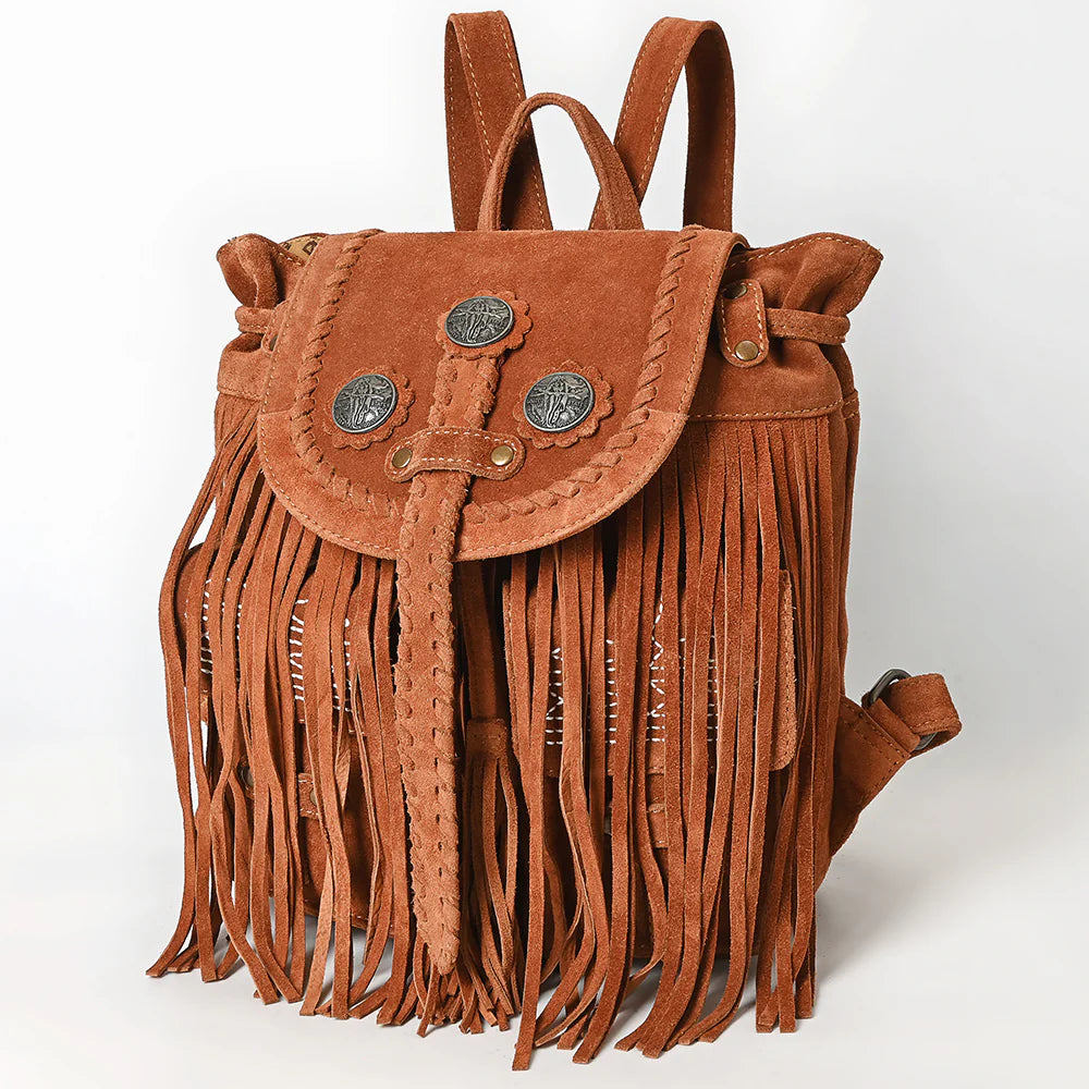 American Darling Brown Genuine Leather Fringe Backpack with Braided Flap & Western Conchos