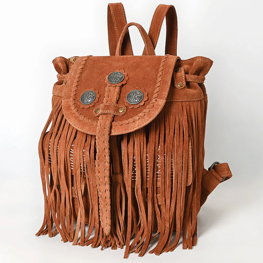 American Darling Brown Genuine Leather Fringe Backpack with Braided Flap & Western Conchos