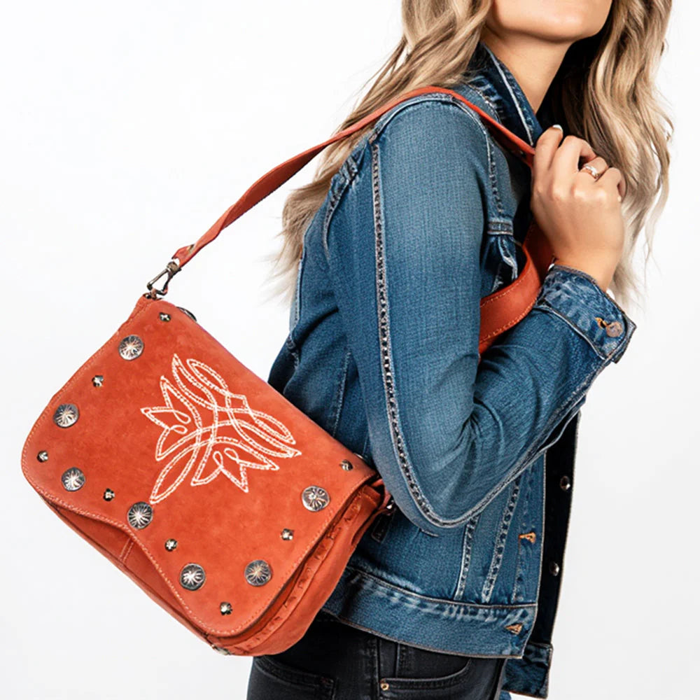 American Darling Rust Suede Crossbody - White Stitching and Concho Accents