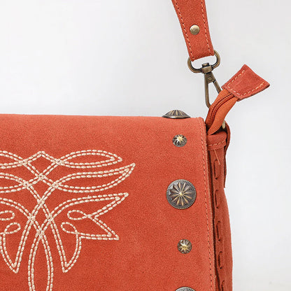 American Darling Rust Suede Crossbody - White Stitching and Concho Accents