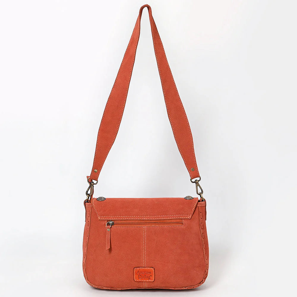 American Darling Rust Suede Crossbody - White Stitching and Concho Accents