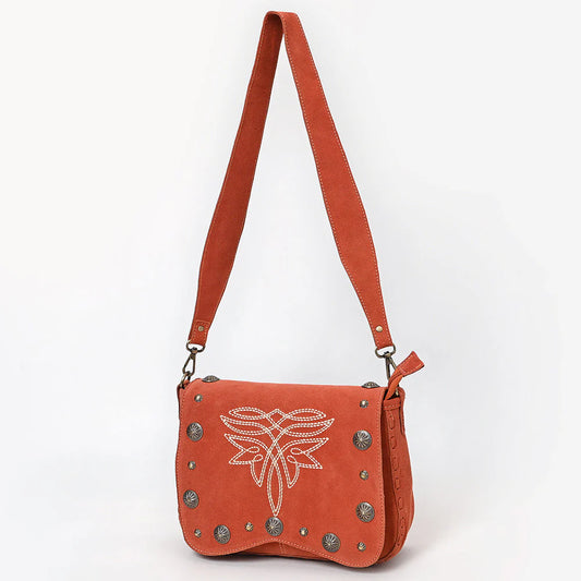 American Darling Rust Suede Crossbody - White Stitching and Concho Accents