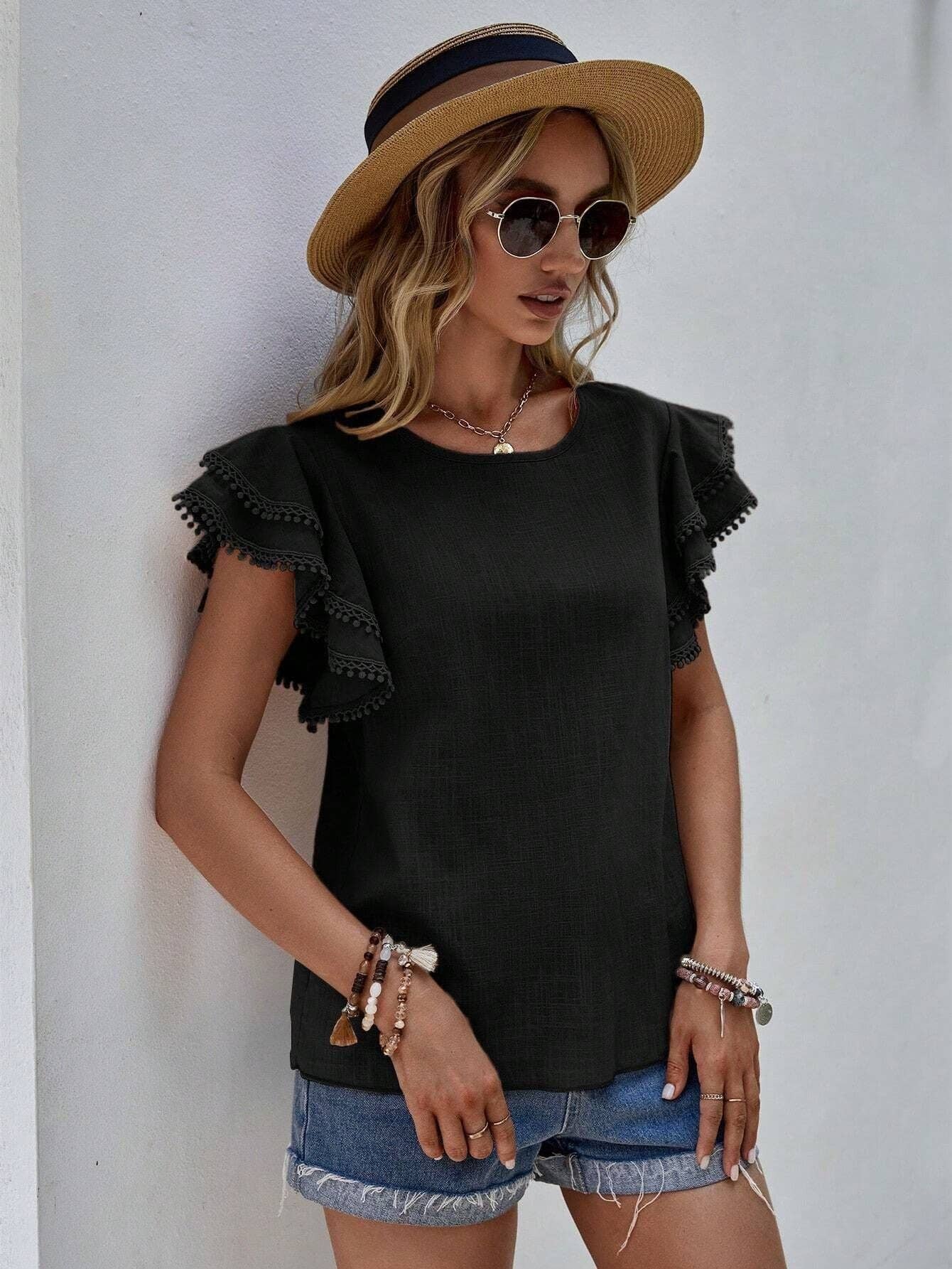 Women's Ruffle Short Sleeve Top - Black