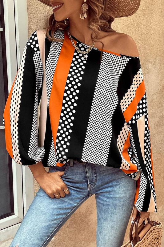 Women's Orange Polka Dot Vertical Striped Printed Puff Sleeve Blouse