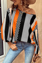 Women's Orange Polka Dot Vertical Striped Printed Puff Sleeve Blouse