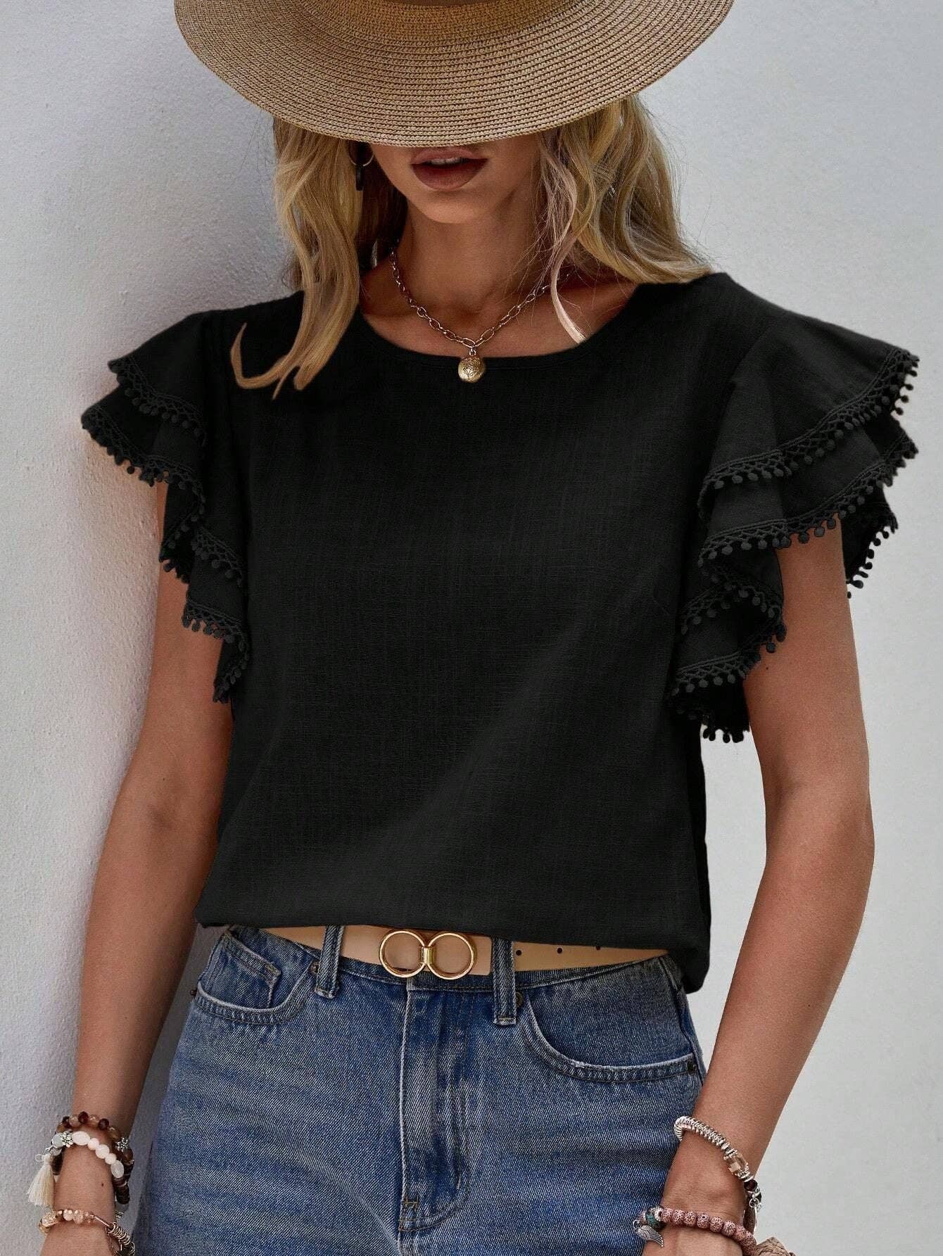 Women's Ruffle Short Sleeve Top - Black