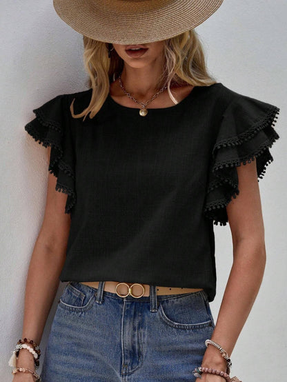 Women's Ruffle Short Sleeve Top - Black