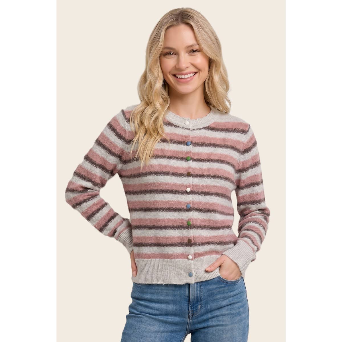 Women's Pink Stripped Cardigan