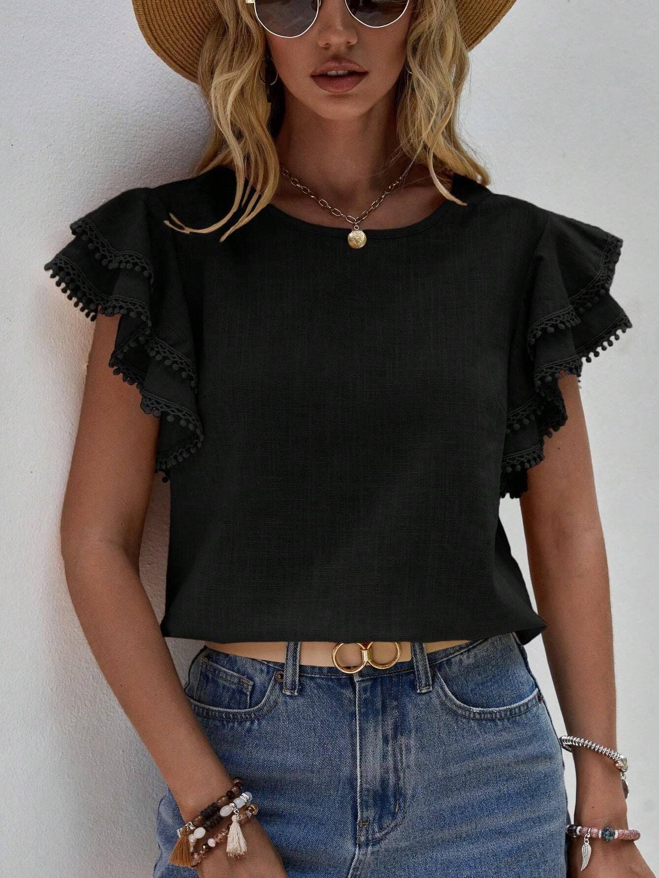 Women's Ruffle Short Sleeve Top - Black