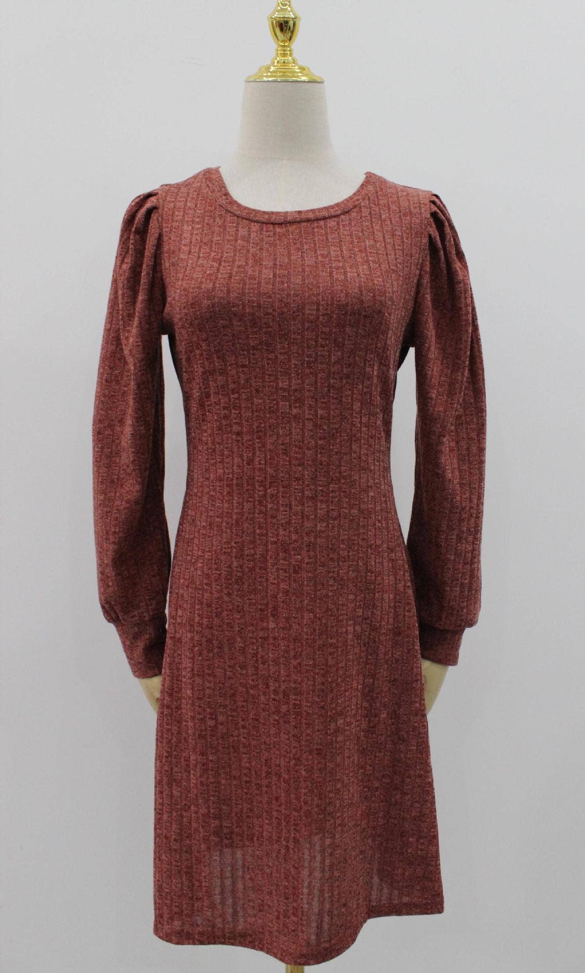 Soft cozy puff shoulder ribbed long sleeve knit dress