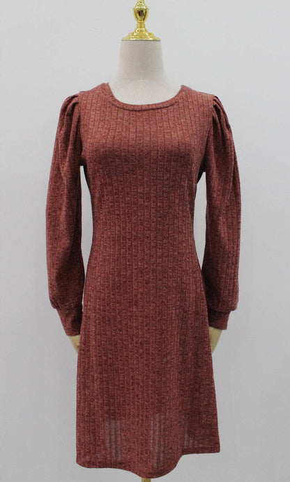 Soft cozy puff shoulder ribbed long sleeve knit dress