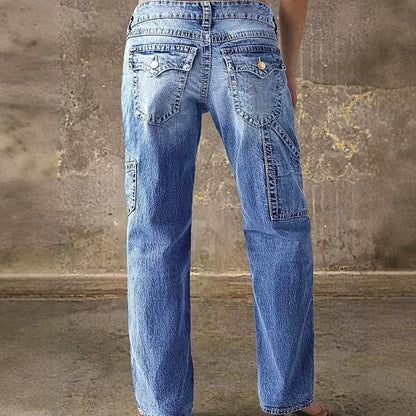 Women's High Waisted Wide Leg Cargo Jeans - Vintage Wash