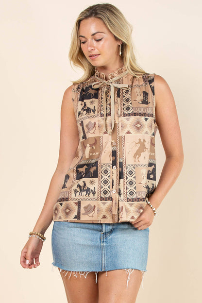 Women's Western Print Ruffled Woven Shirt
